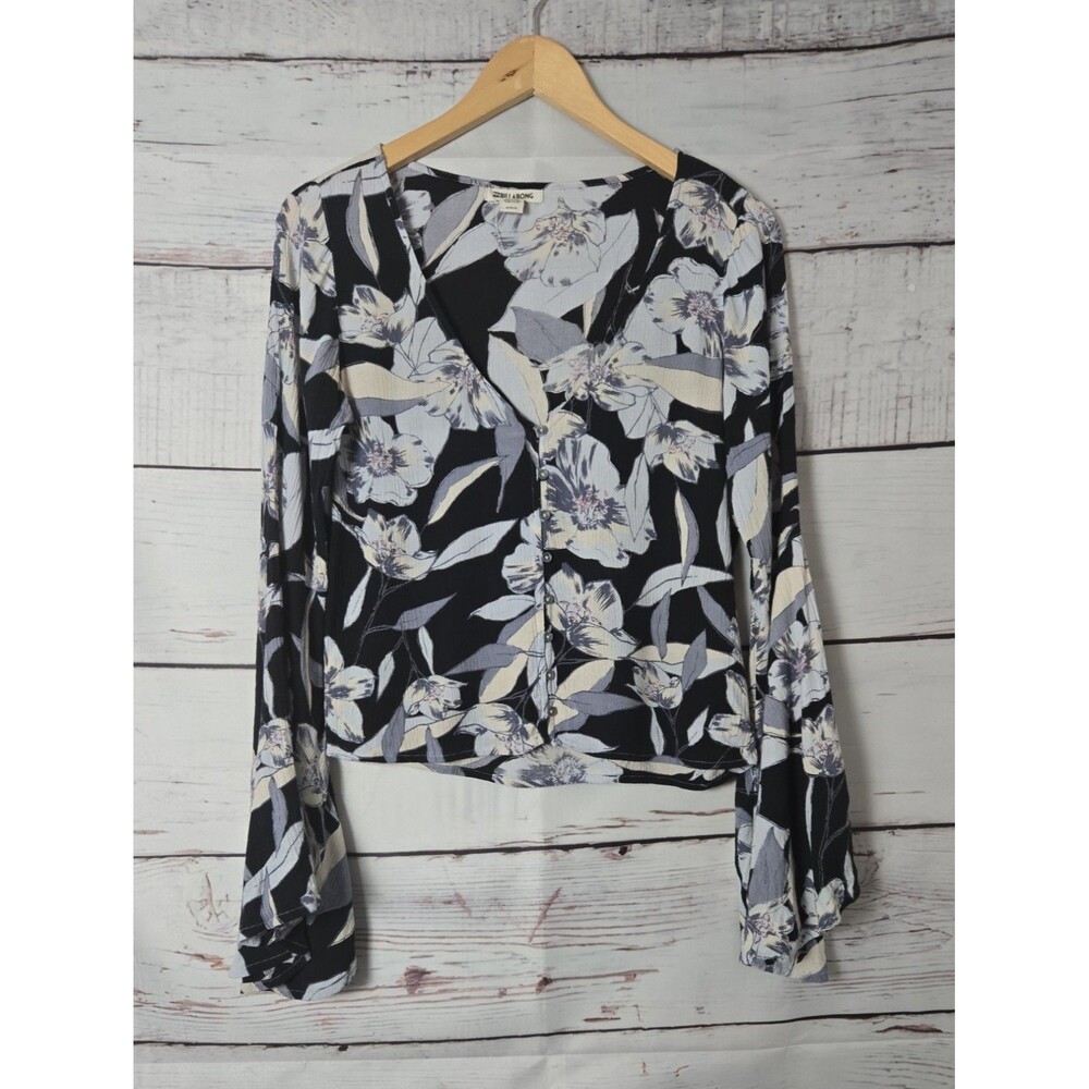 Billabong Womens Top Medium Blue Black Floral Button Front V-Neck Small Boho